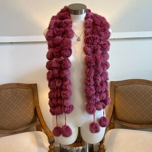 Elegant Pink Rabbit Fur Scarf with Pom Pom Details